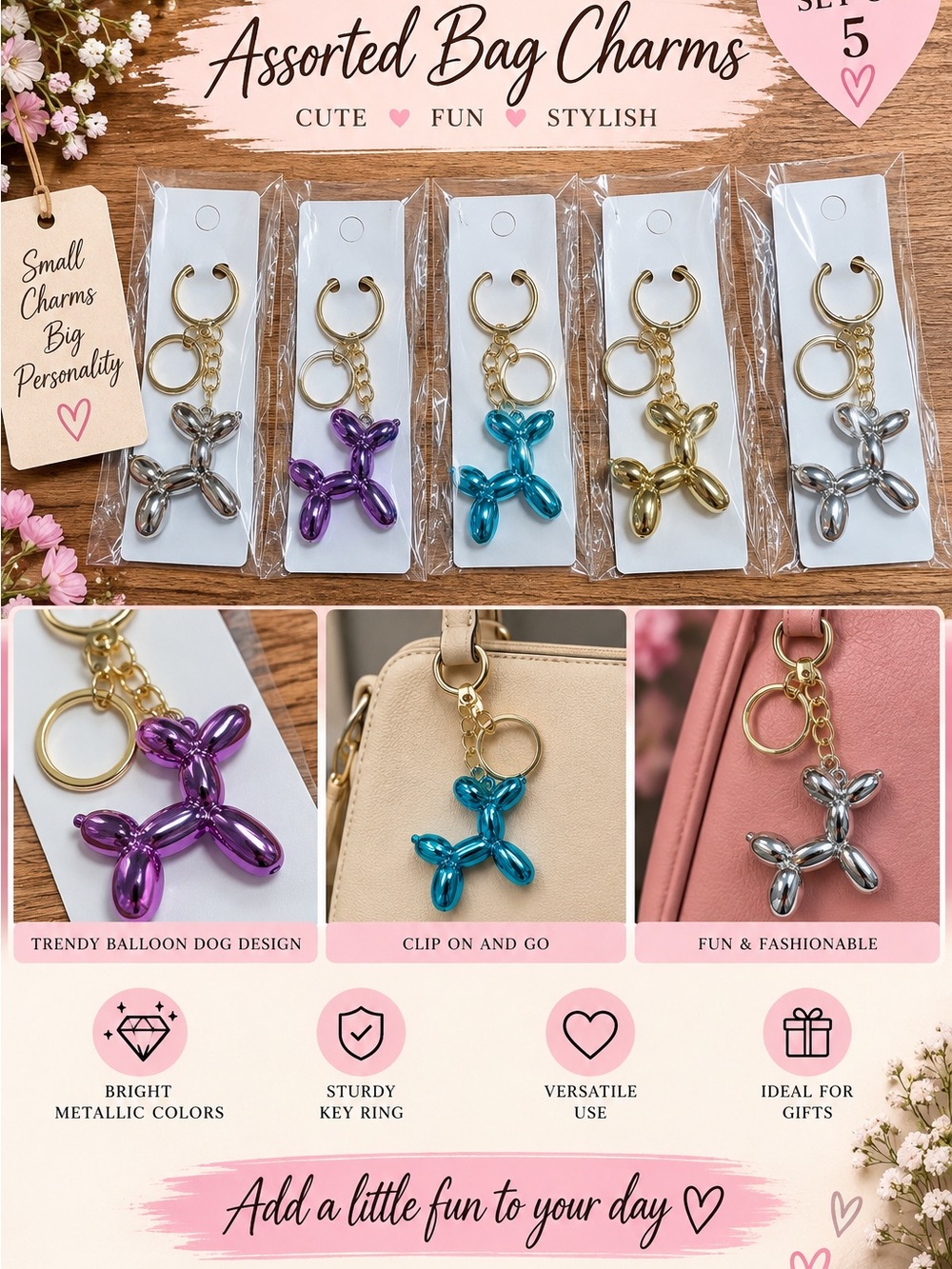 5 Balloon Dog Bag Charm Keychain Purple, Blue, Gold, Silver